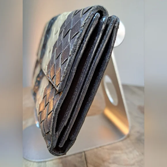 Bottega Veneta Intreccaito Black Brown and Tan Woven Wallet Clutch